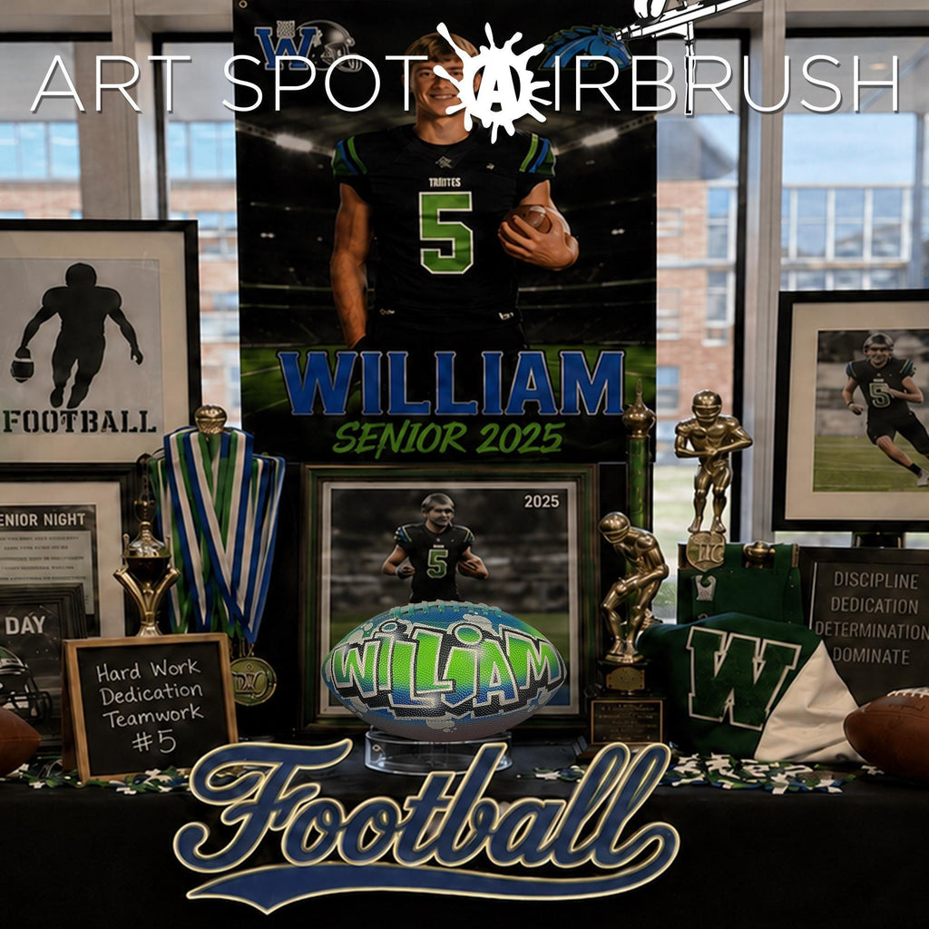 The image is a display of various football-related items, including a framed picture of a football player, a trophy, and a custom football personalized with the name William.