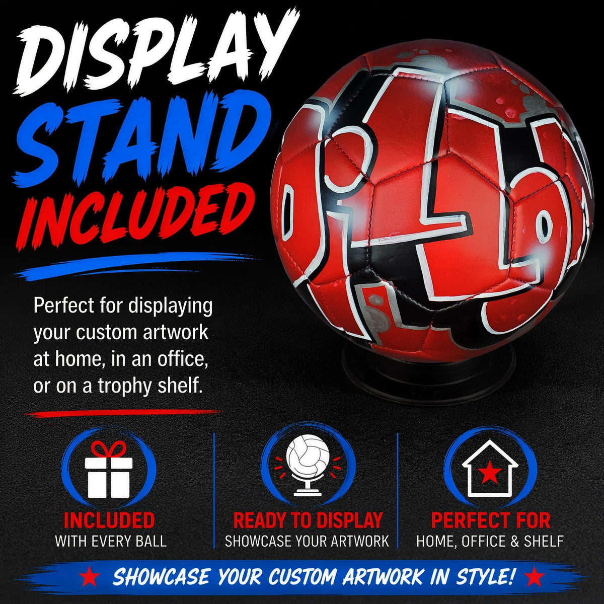 The image is an advertisement for a display stand that includes a custom artwork of a soccer ball.