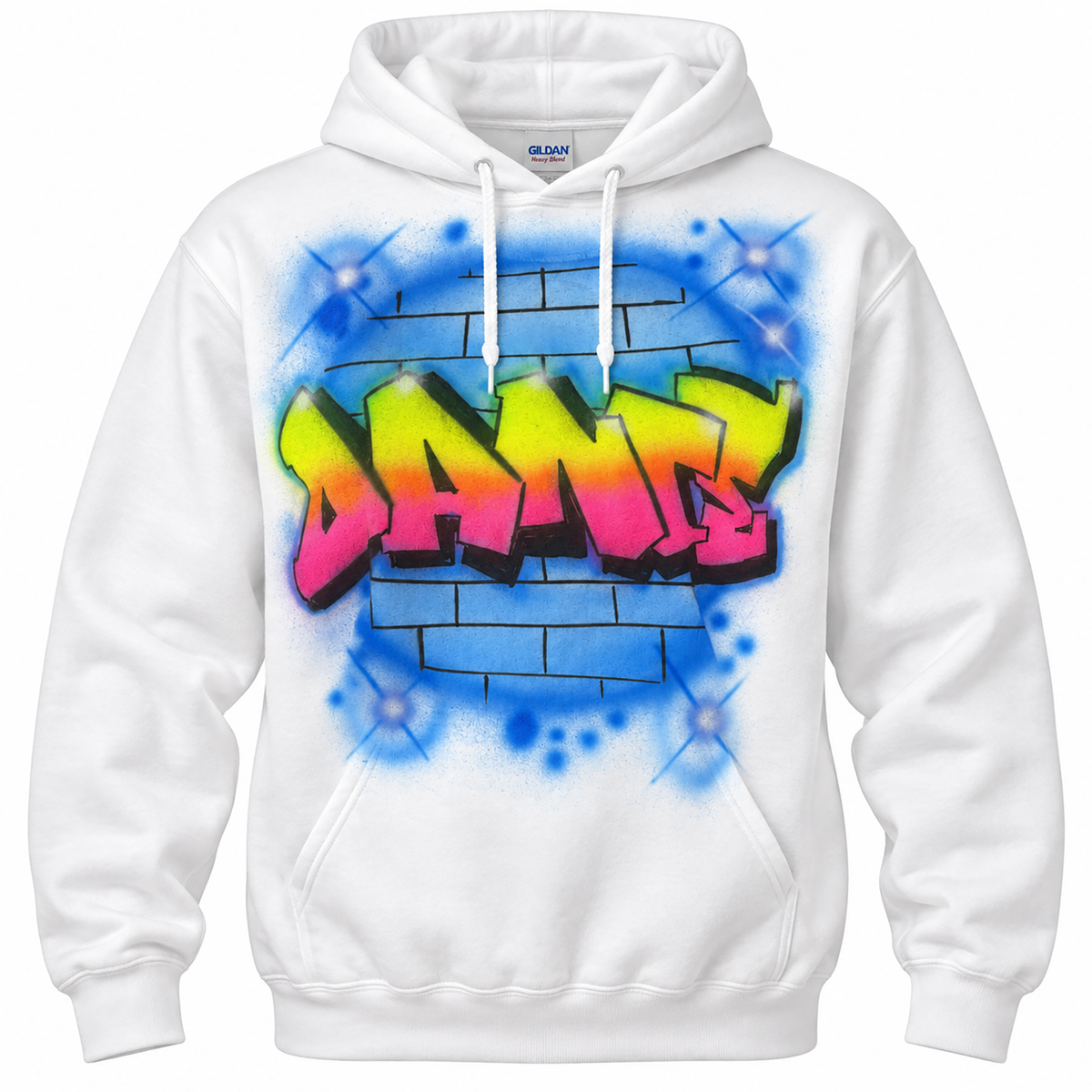 A white hoodie with a colorful graffiti design on the front.