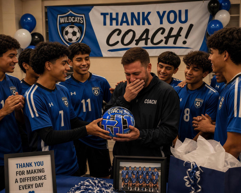 A group of young soccer players in blue uniforms surround a coach holding a soccer ball, with a banner that reads "WildCats" and "Thank you coach!" in the background.