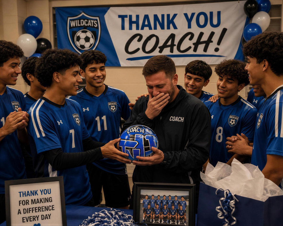 A group of young soccer players in blue uniforms surround a coach holding a soccer ball, with a banner that reads "WildCats" and "Thank you coach!" in the background.