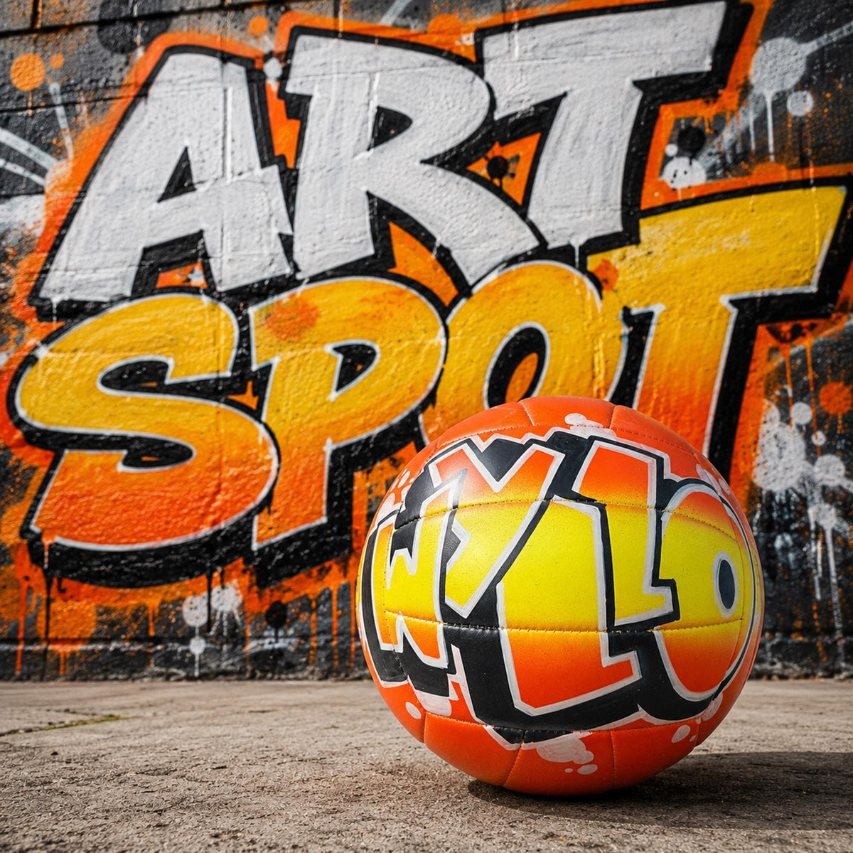 An orange and yellow custom volleyball positioned in front of a graffiti-covered wall with the name "ART SPOT" prominently displayed.