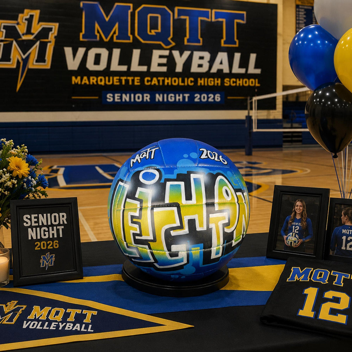 a senior night decorated table with a custom volleyball personalized with the name Leighton, trophy with the year 2016, surrounded by framed photos of volleyball players and a sign that reads "SENIOR NIGHT 2016".