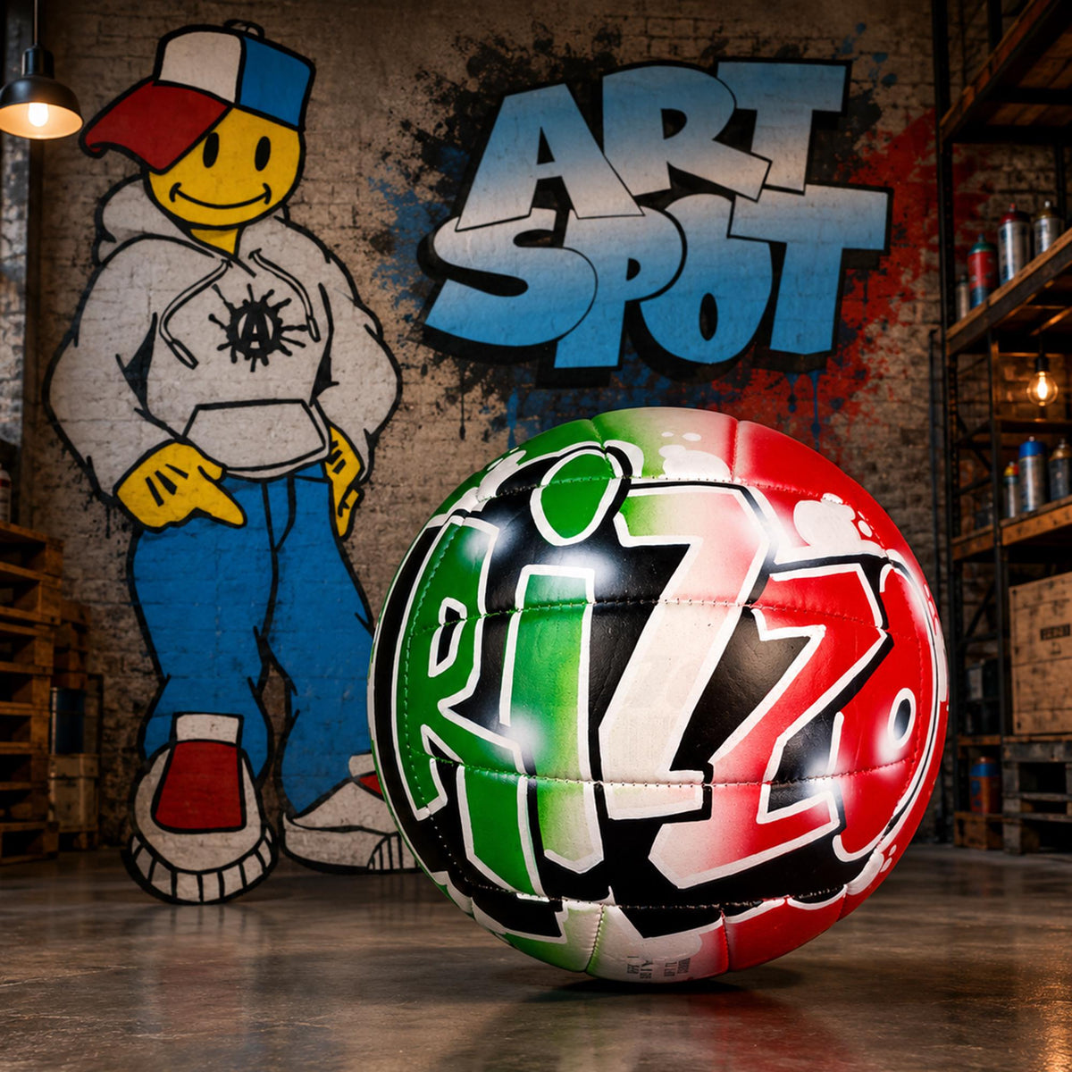 a colorful sports ball with the word "Pizza" written on it, placed in front of a graffiti-covered wall with the word "ART SPOT" written on it.
