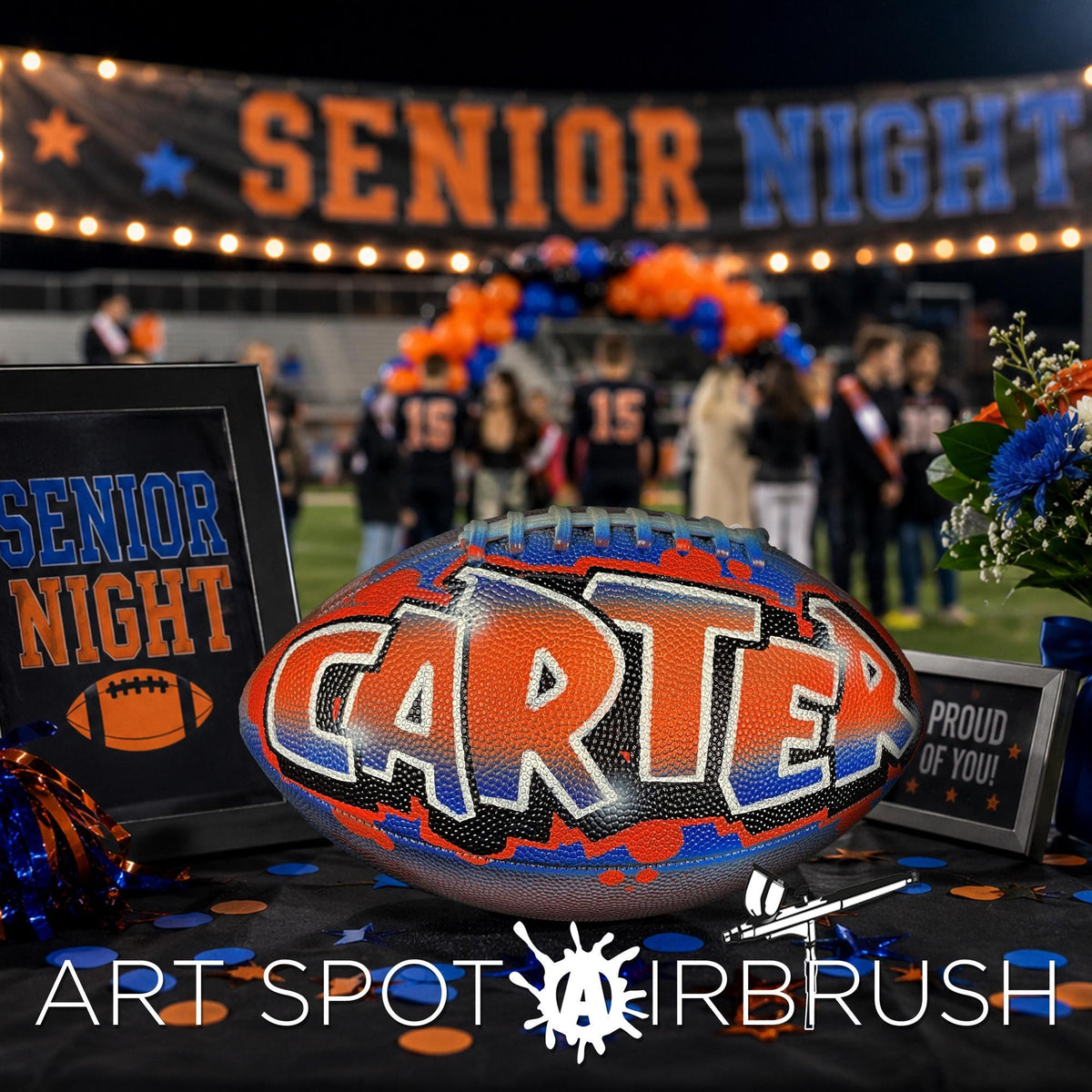 a decorated football with the name "CARTER" on it, surrounded by decorations and a banner that reads "SENIOR NIGHT".