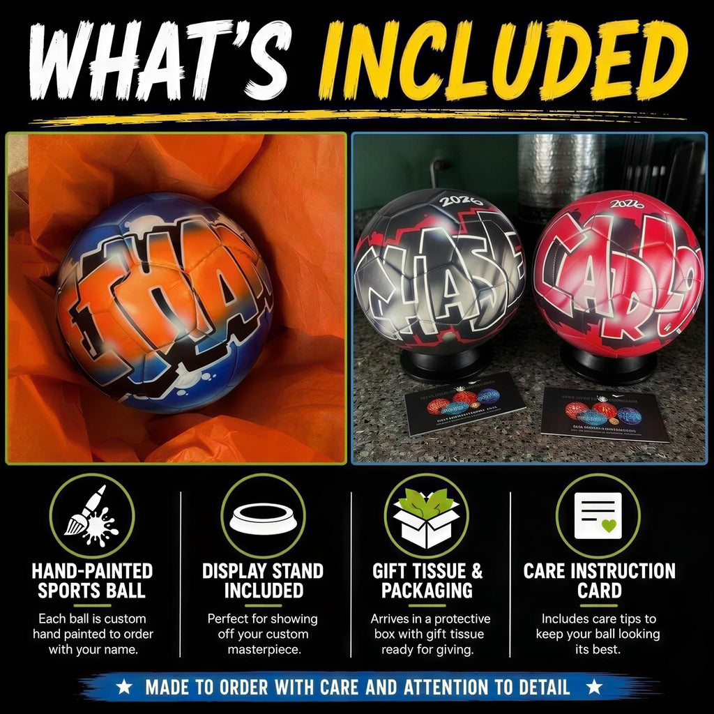 The image is a collage of two images, each featuring a sports ball with a unique design. The text in the image includes information about the sports balls, such as their custom hand-painted appearance and the fact that they are included as a gift. The collage also includes icons for a display stand and a gift tissue and packaging, as well as a care instruction card. The text in the image is concise and clear, providing specific details about the sports balls and their inclusion.