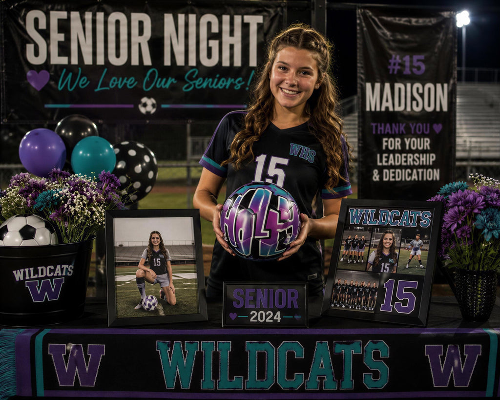 A smiling young woman in a black and teal sports uniform stands in front of a display table with photos, a soccer ball, and flowers. The table is decorated with a banner that reads "SENIOR NIGHT We Love Our Seniors! Thank You For Your Leadership & Dedication" and a banner that says "WILDCATS 15".