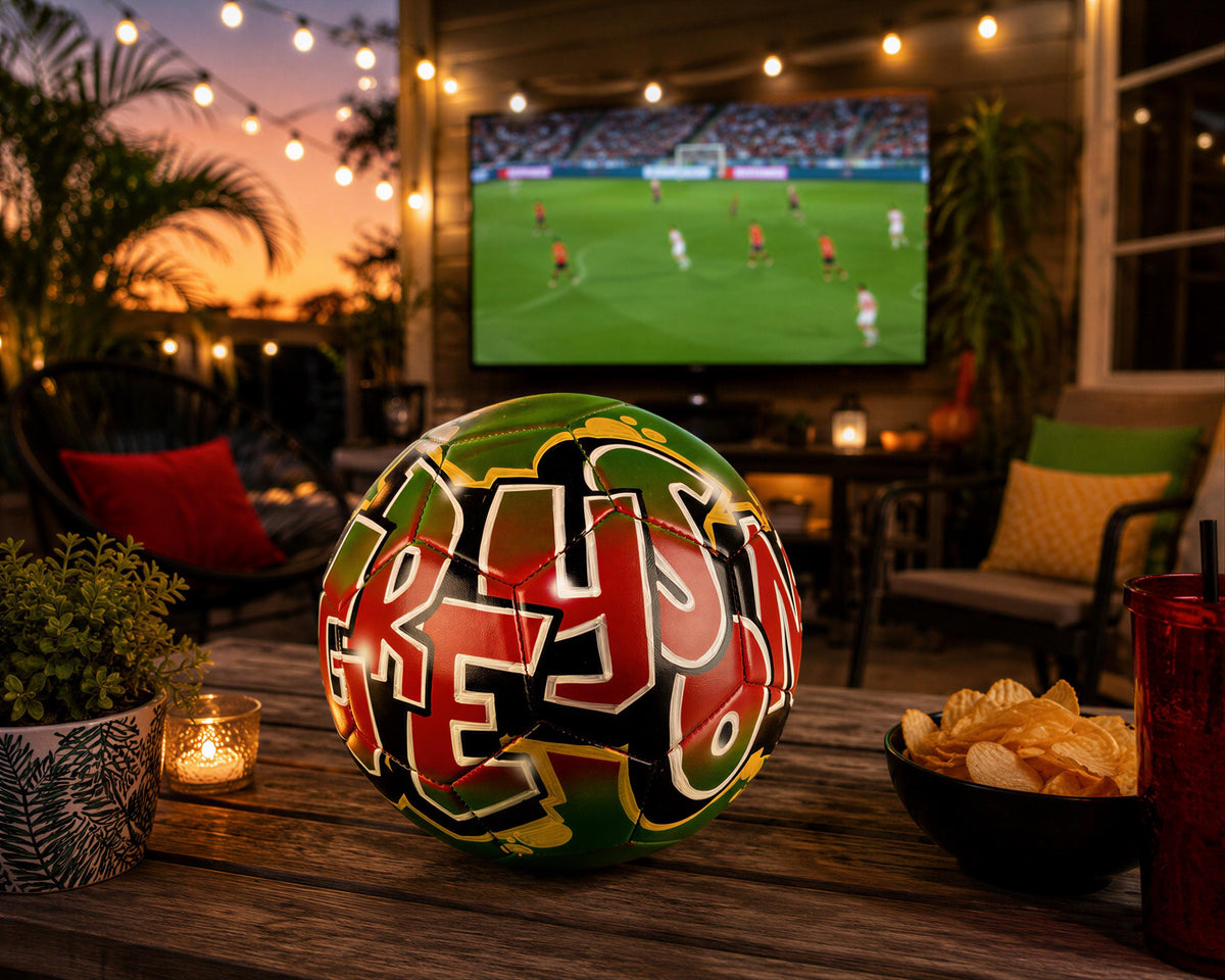 a soccer ball with the word "REJOL" written on it, placed on a wooden table. In the background, there is a television screen displaying a soccer game, and the room is decorated with string lights and potted plants. There are also snacks, such as chips and a bowl, and a candle on the table.