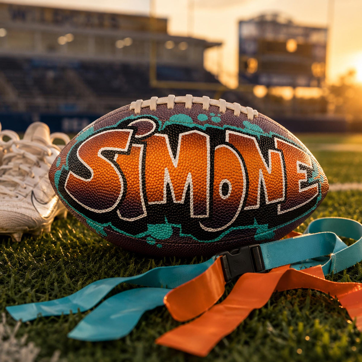 A personalized football with the name "SIMONE" painted on it, along with a pair of cleats and a blue and orange frisbee on a grassy field at sunset.