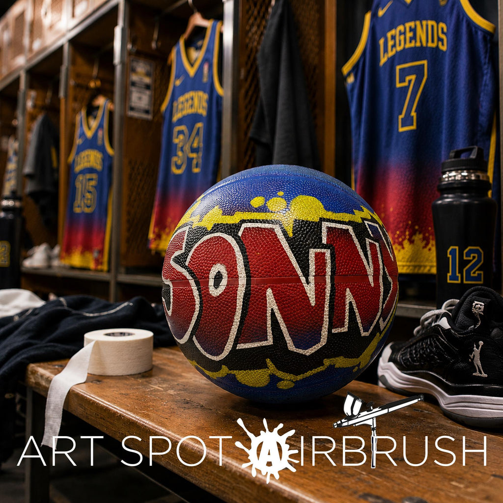 a basketball with the word "SONN" painted on it, sitting on a wooden surface in a locker room. In the background, there are several basketball jerseys and a water bottle.