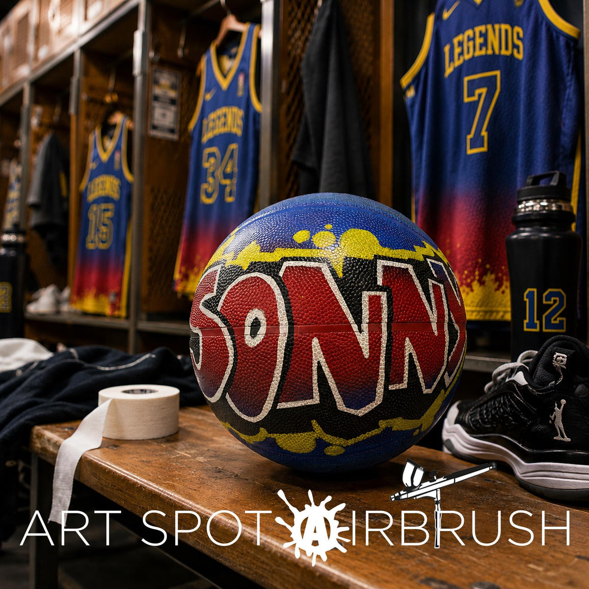 a basketball with the word "SONN" painted on it, sitting on a wooden surface in a locker room. In the background, there are several basketball jerseys and a water bottle.