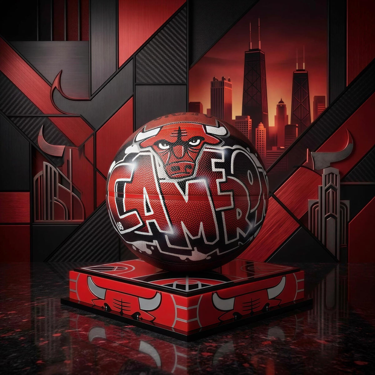 A basketball with the word "CAMER" written on it, surrounded by a geometric pattern in red, black, and gray colors. The basketball is placed on a red and black platform with the Chicago Bulls logo.