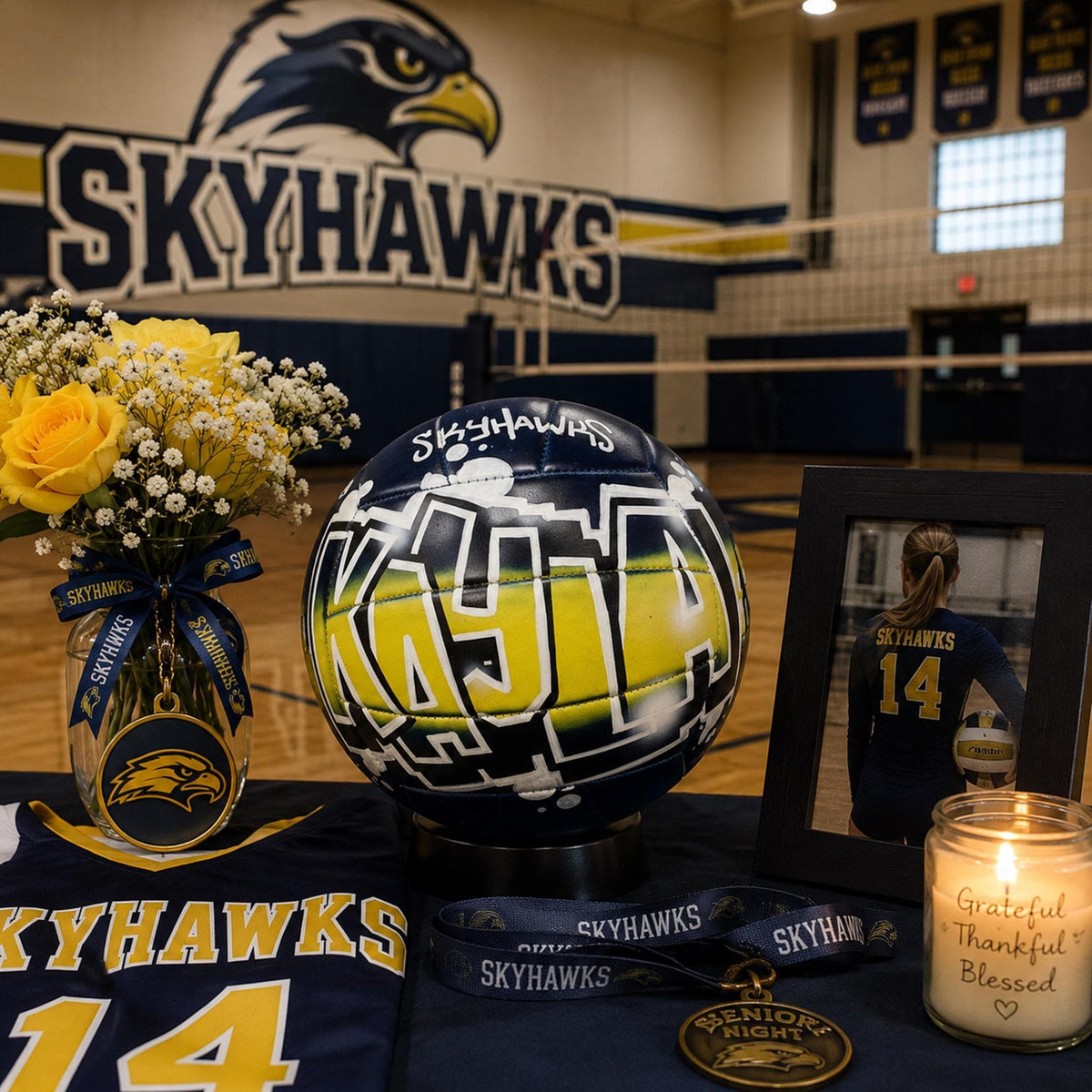 a sports-themed display with a custom volleyball personalized with the name Kayla, a framed photo of a female athlete, a bouquet of yellow flowers, a candle, and a medal. The display is set up in a gymnasium with a "Sky Hawks" banner in the background.