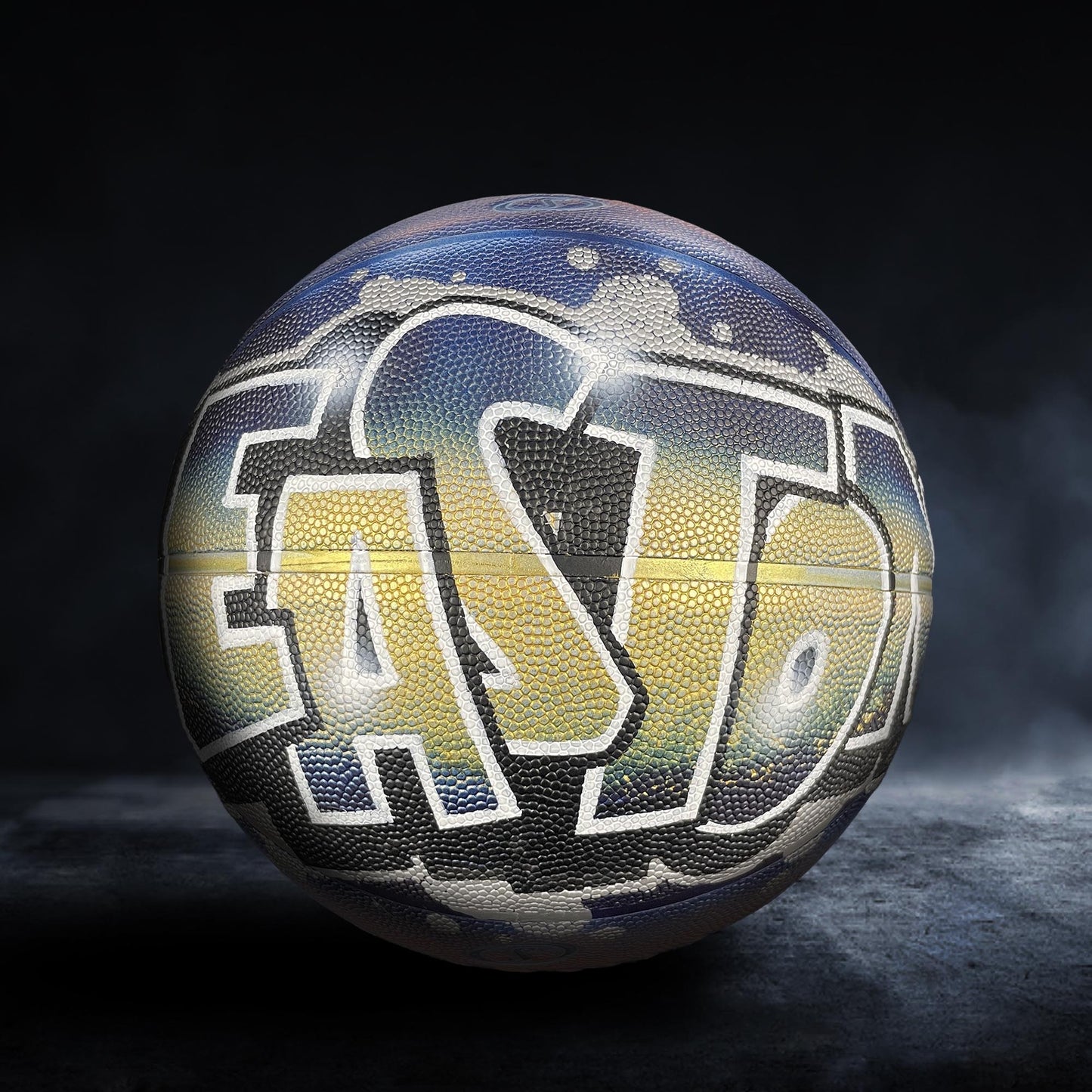 A basketball with the word "EASTON" painted on it, featuring a colorful and artistic design.