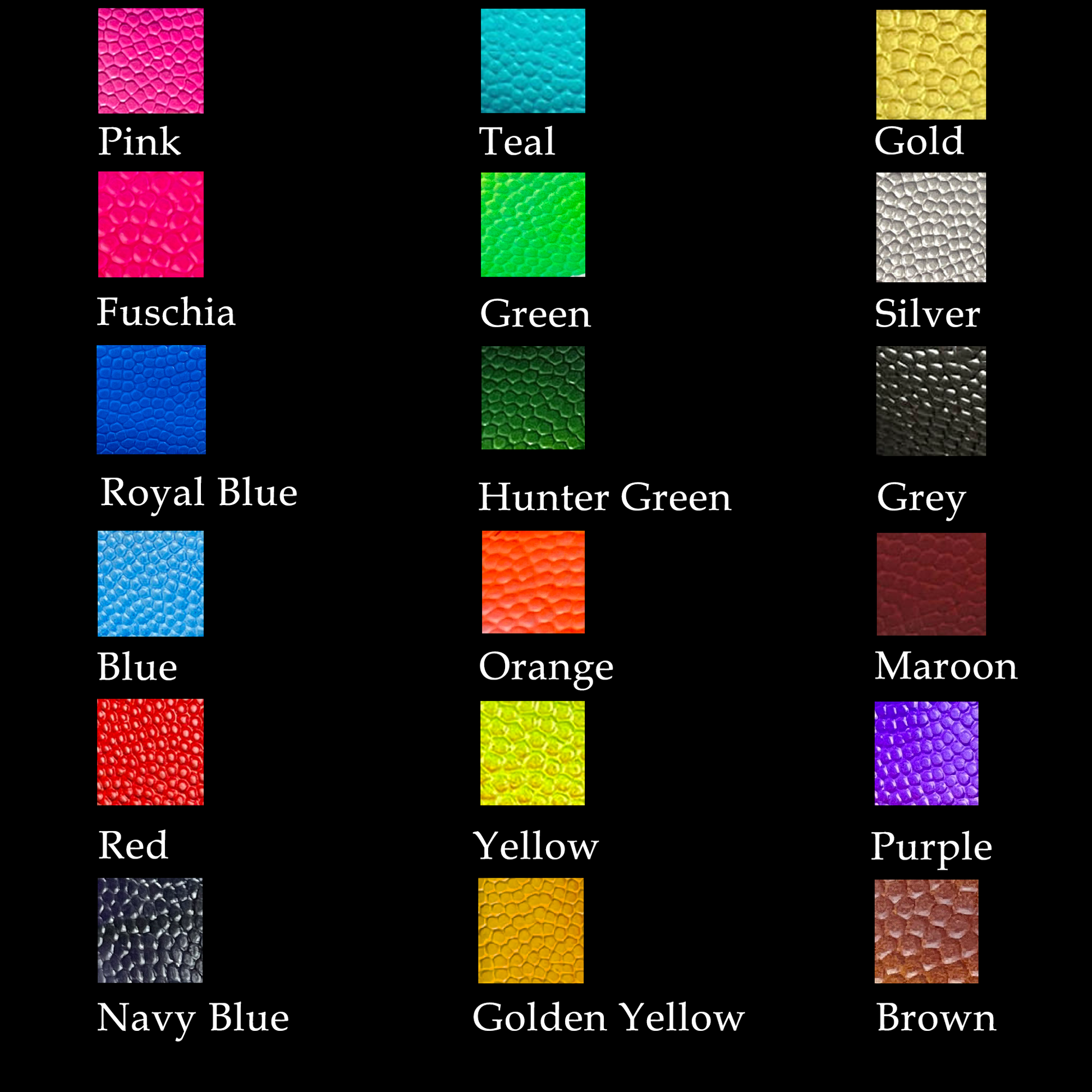 a grid of 16 squares, each displaying a different color, arranged in two rows and four columns. The colors include pink, teal, gold, silver, blue, royal blue, hunter green, grey, maroon, orange, blue, red, yellow, purple, navy blue, golden yellow, and brown.