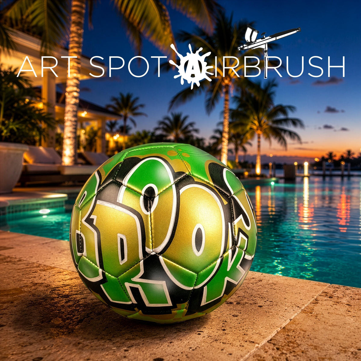 A green and black soccer ball with the word "BRO" on it, placed on a tiled surface near a pool at sunset.