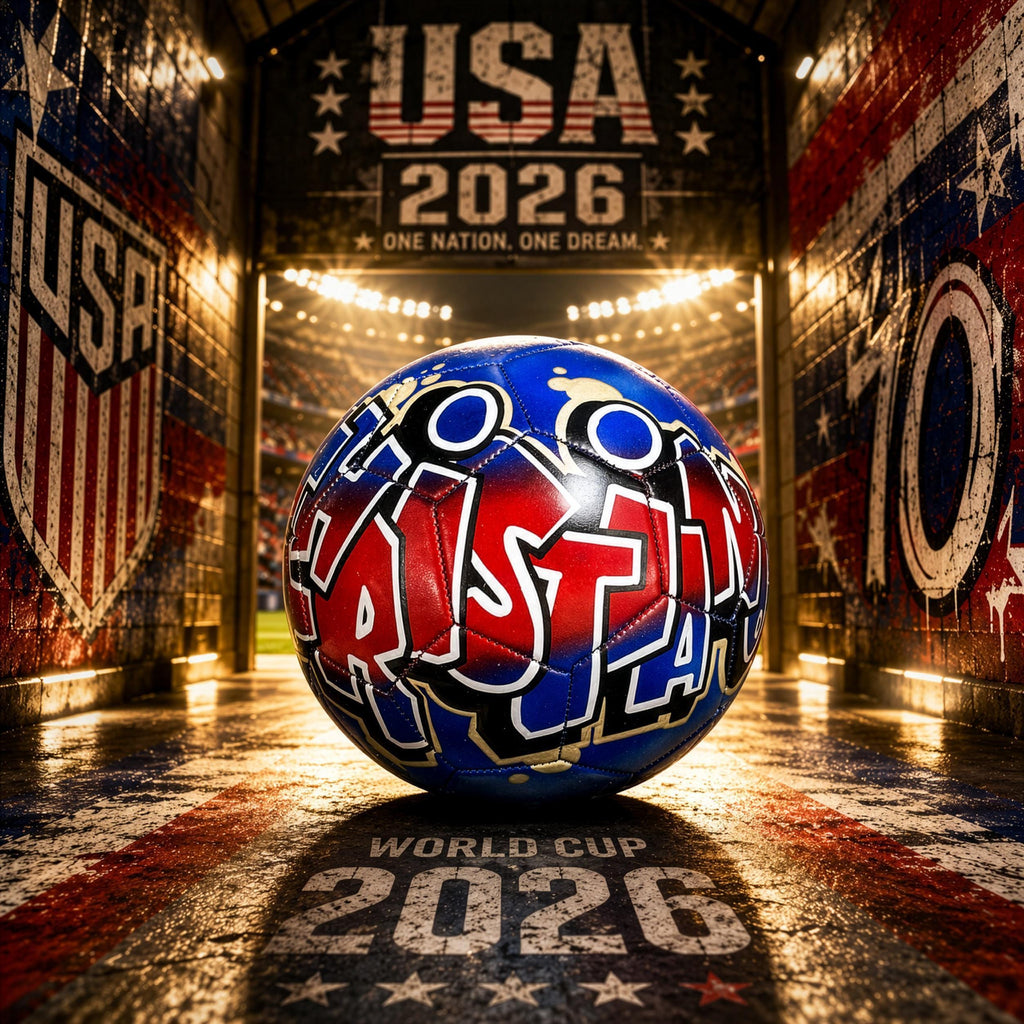 a soccer ball with the word "USA" written on it, placed in a tunnel-like structure with a "USA" sign and a "2026" sign above it. The background has a brick wall with a "USA" logo and the text "USA 2026 ONE NATION ONE DREAM" written on it. The image also includes the text "WORLD CUP 2026" at the bottom.