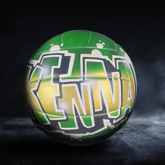 A green and yellow sports ball with the word "KENNA" written on it.