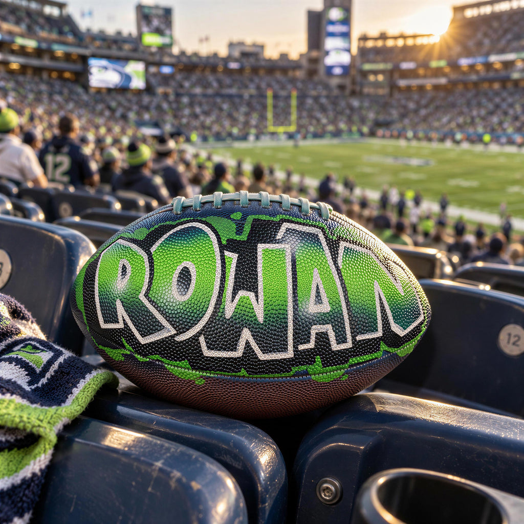 A green and black football with the word "Rowan" written on it, sitting on a seat in a crowded stadium.