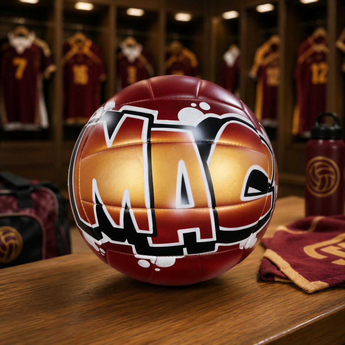 A red and gold volleyball with the letters "MAC" on it, surrounded by sports equipment and uniforms in a locker room setting.