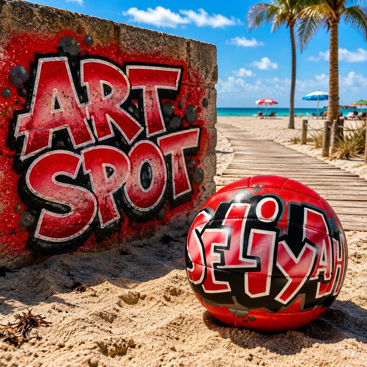 A red and black personalized custom volleyball with the word "SELIYAH" written on it, placed on a sandy beach next to a red graffiti wall that says "ART SPOT".