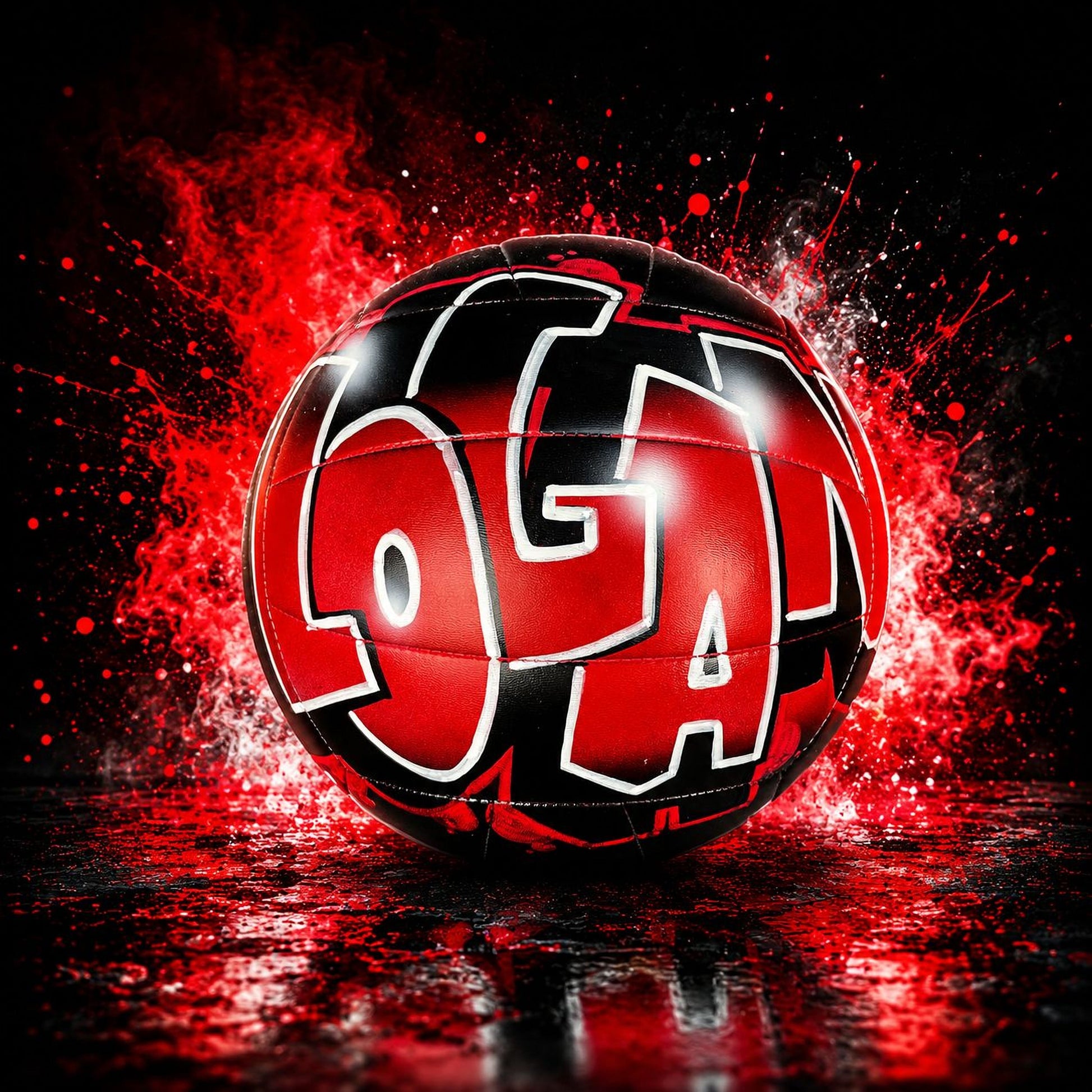 A red and black volleyball with the word "Logan" written on it, surrounded by a fiery explosion in the background.