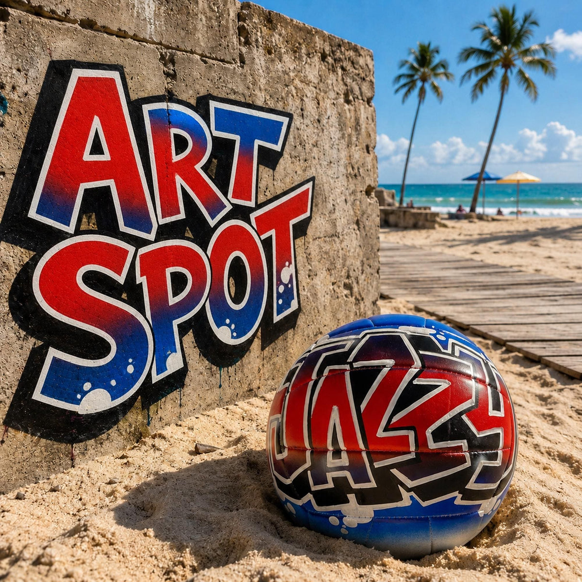 A personalized custom volleyball with graffiti on it is sitting on the sand in front of a wall with the word "ART SPOT" painted on it.