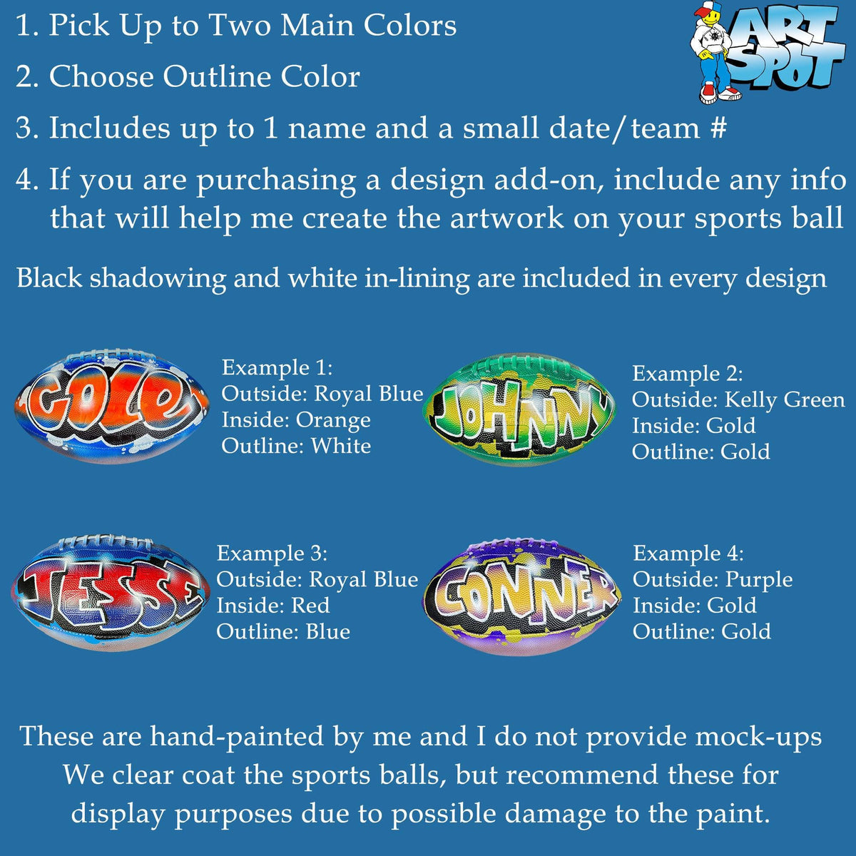 The image is a collection of hand-painted sports balls with various colors and designs, including a football, a basketball, and a soccer ball.
