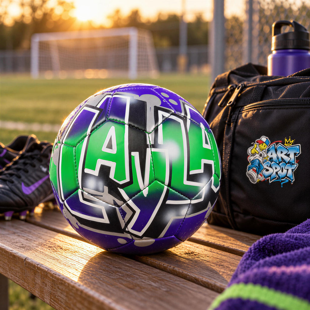 A soccer ball with the word "ART" on it, a black bag, and a pair of sneakers are placed on a bench in a park setting.
