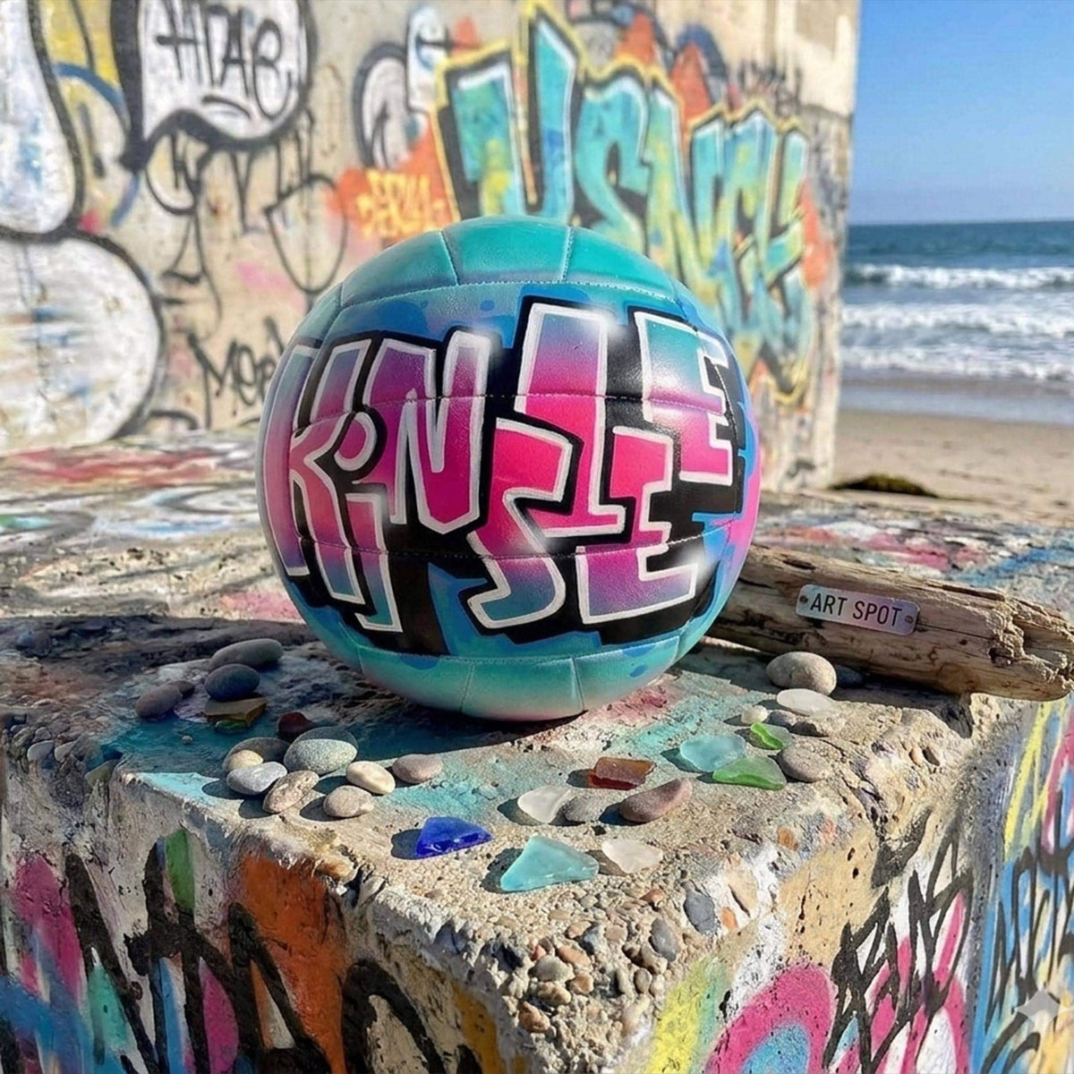 A colorful, graffiti-style custom volleyball personalized with the name "Kinsley" painted on it, placed on a concrete surface with various small rocks and pebbles scattered around it. In the background, there is a wall covered in vibrant graffiti.