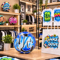 a sports store with various items on display, including a soccer ball with graffiti, clothing, and a white shopping bag with graffiti.