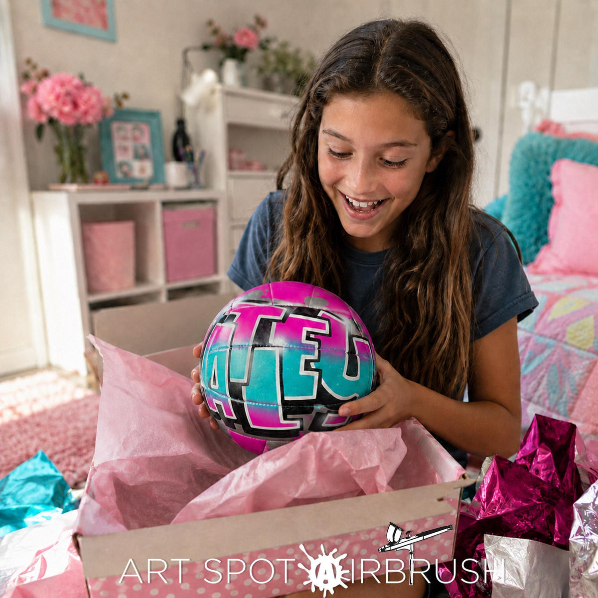 A young girl is holding a colorful custom volleyball personalized with the word "Atleu" written on it, smiling as she opens the box containing the ball.