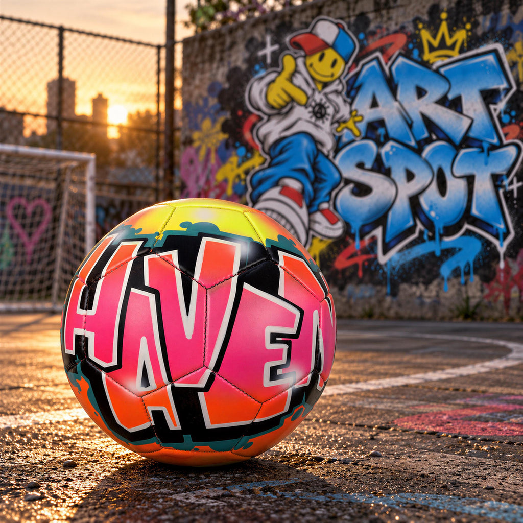 A colorful soccer ball with the word "HAVEN" written on it, placed on a concrete surface in front of a graffiti-covered wall.