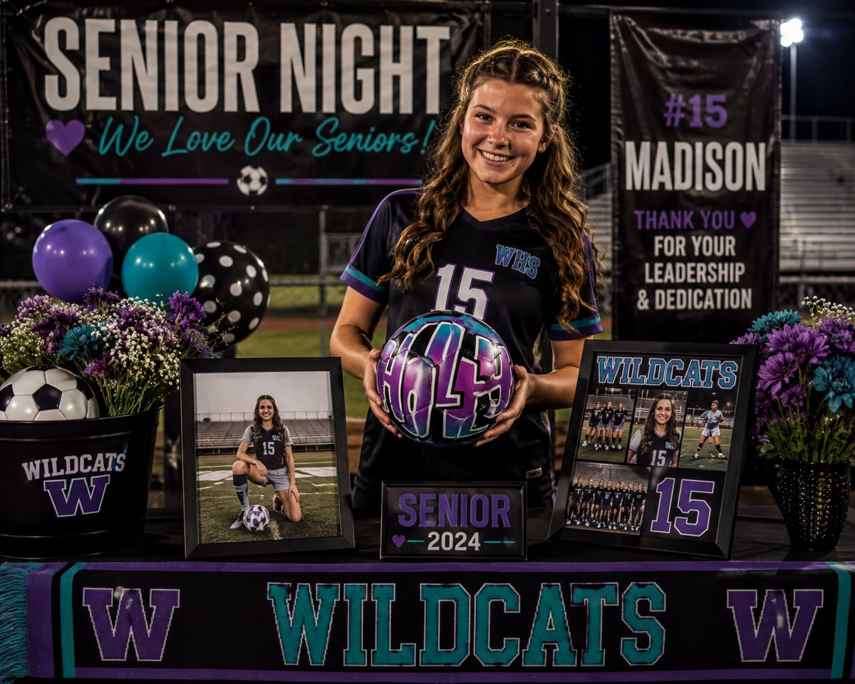 A smiling young woman in a black and purple soccer uniform stands in front of a display with photos, a soccer ball, and flowers.