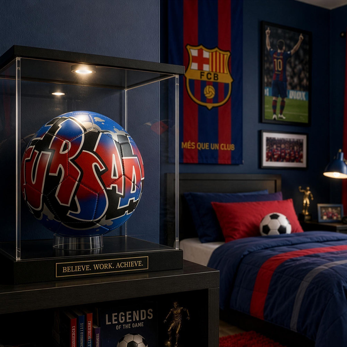 a bedroom decorated with a soccer theme, including a framed image of a soccer player, a soccer ball, and a framed poster of a soccer team. The room also has a bed with a red and blue bedspread, and a shelf displaying various soccer memorabilia.