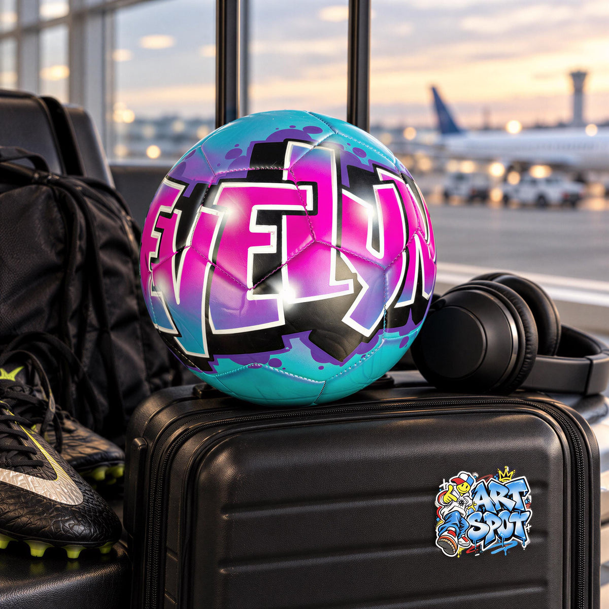 A colorful soccer ball with the word "HELL" written on it, placed on top of a black suitcase in an airport setting.