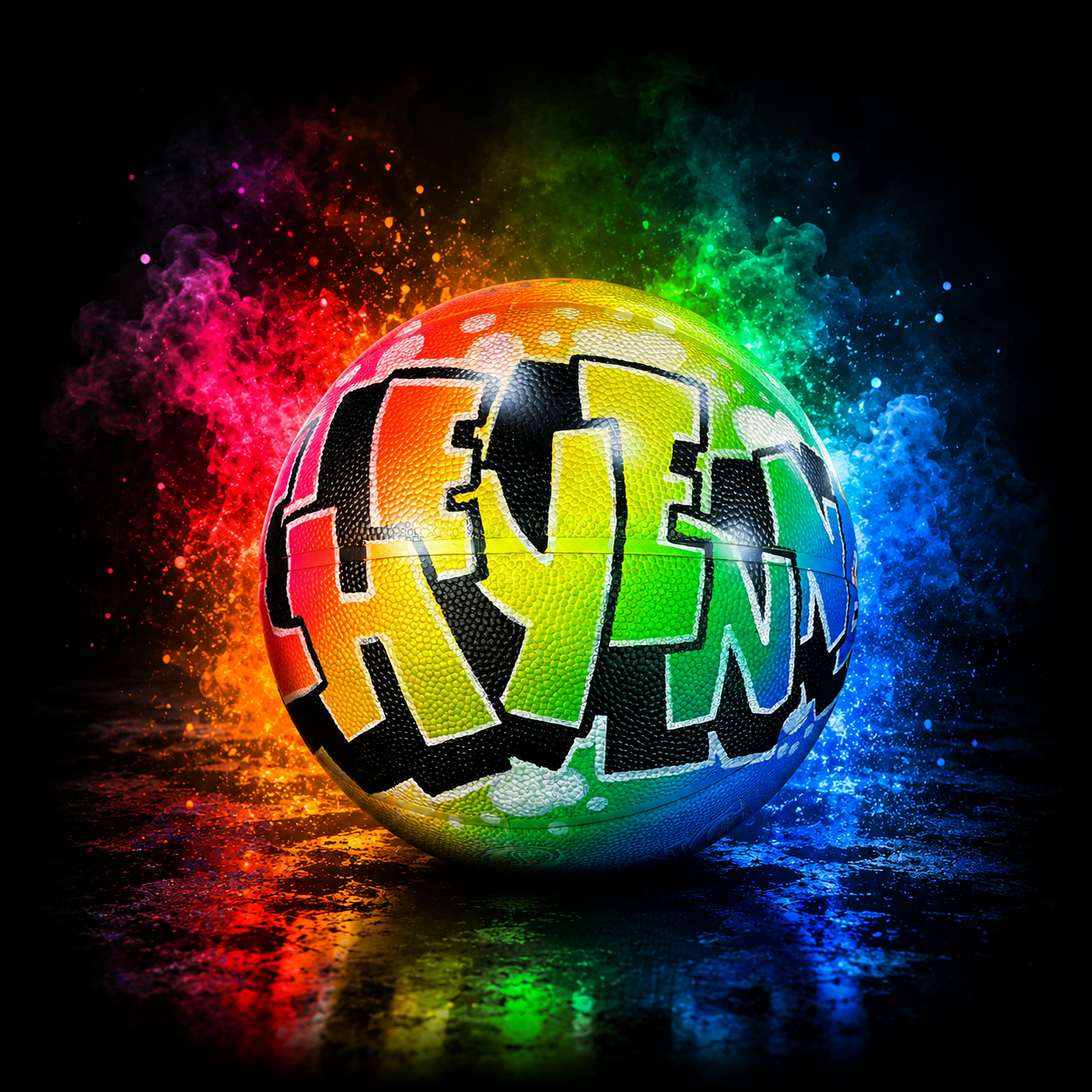 A colorful, graffiti-style basketball with the word "HEN" written on it, surrounded by a vibrant display of colorful sparks and lights.