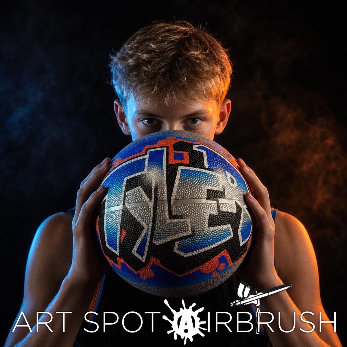 A young man holding a basketball with graffiti on it, looking directly at the camera.
