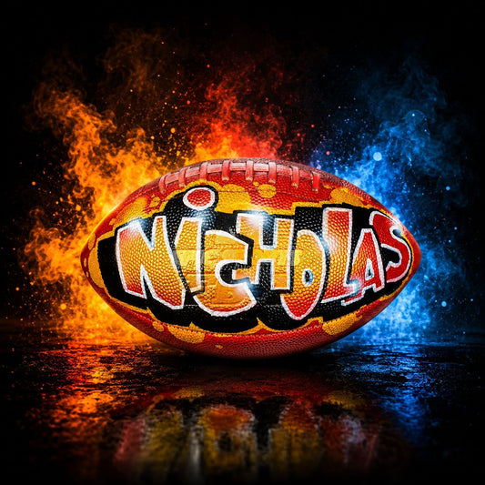 A personalized football with the name "NICHOLAS" painted on it, surrounded by flames and a dark background.