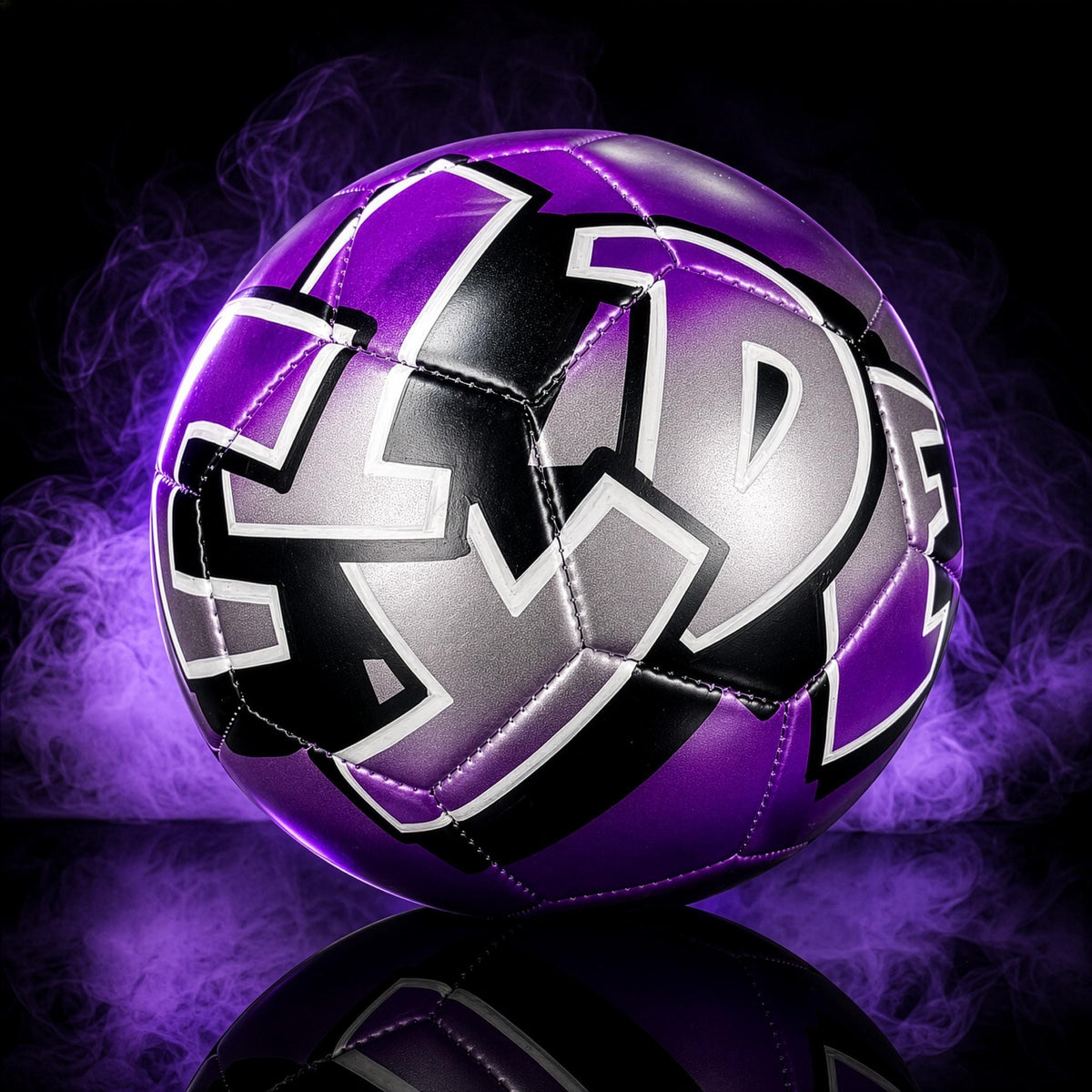 A purple and black soccer ball with the letters "WDE" on it, surrounded by purple smoke against a dark background.