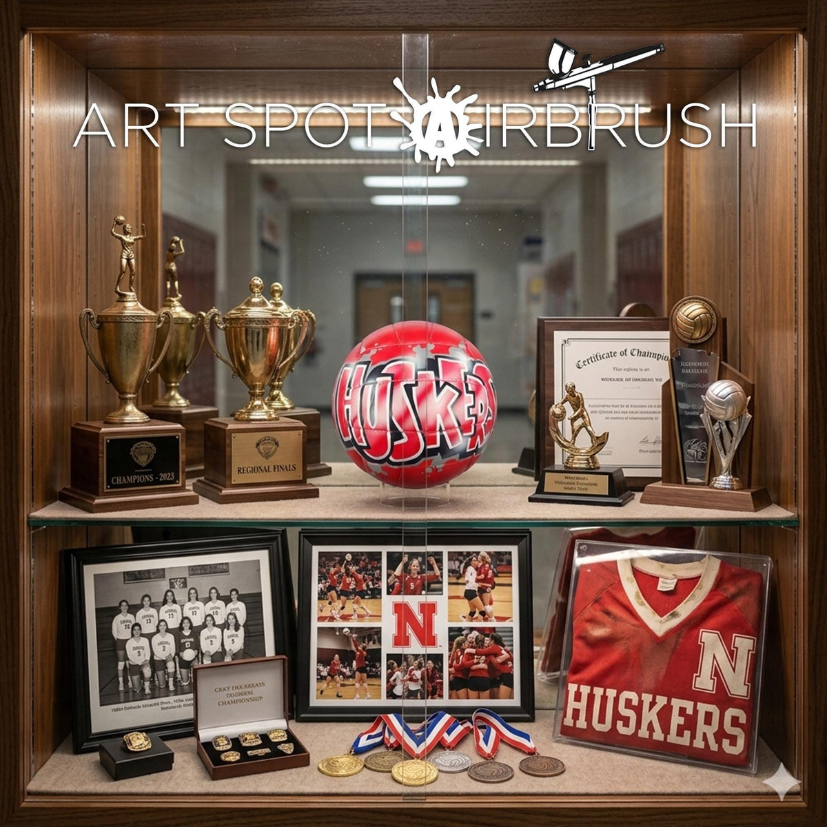 a collection of sports memorabilia and awards, including trophies, a basketball, and a framed jersey, arranged in a glass case.