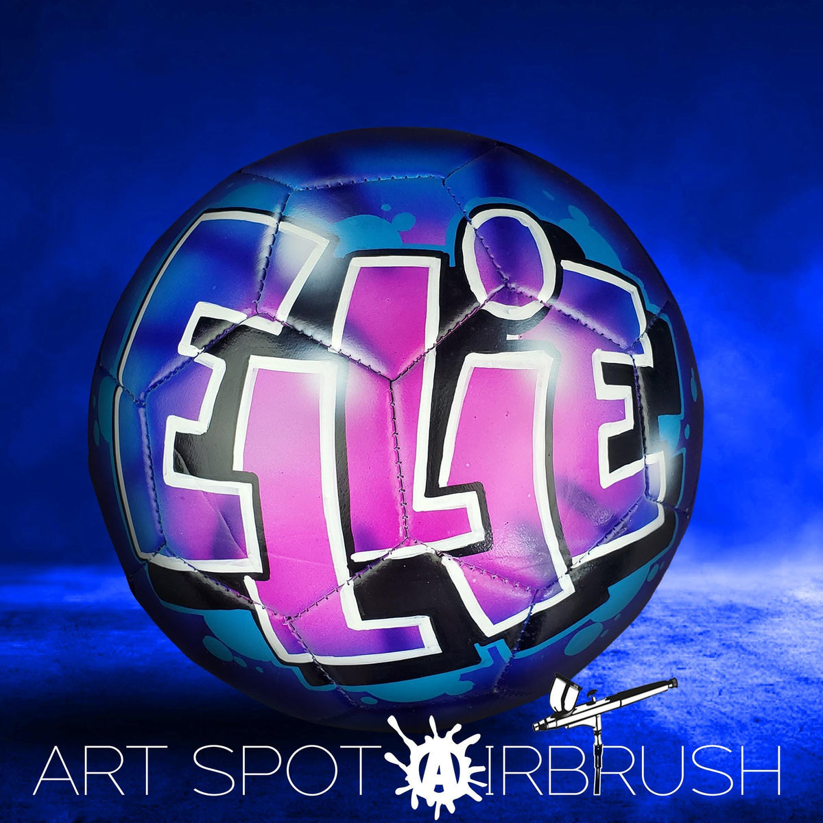 A colorful soccer ball with the name "ELIZABETH" painted on it, set against a blue background.