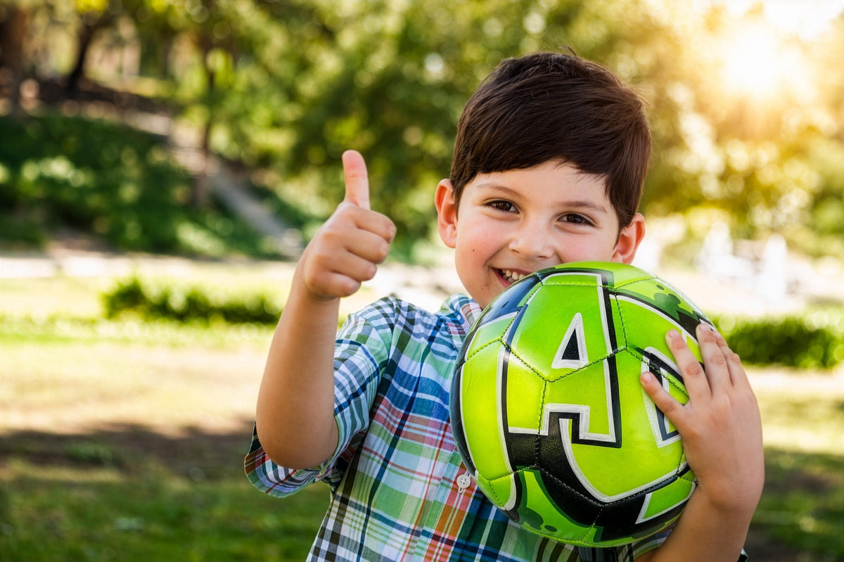 A young boy is smiling and giving a thumbs up while holding a green soccer ball.