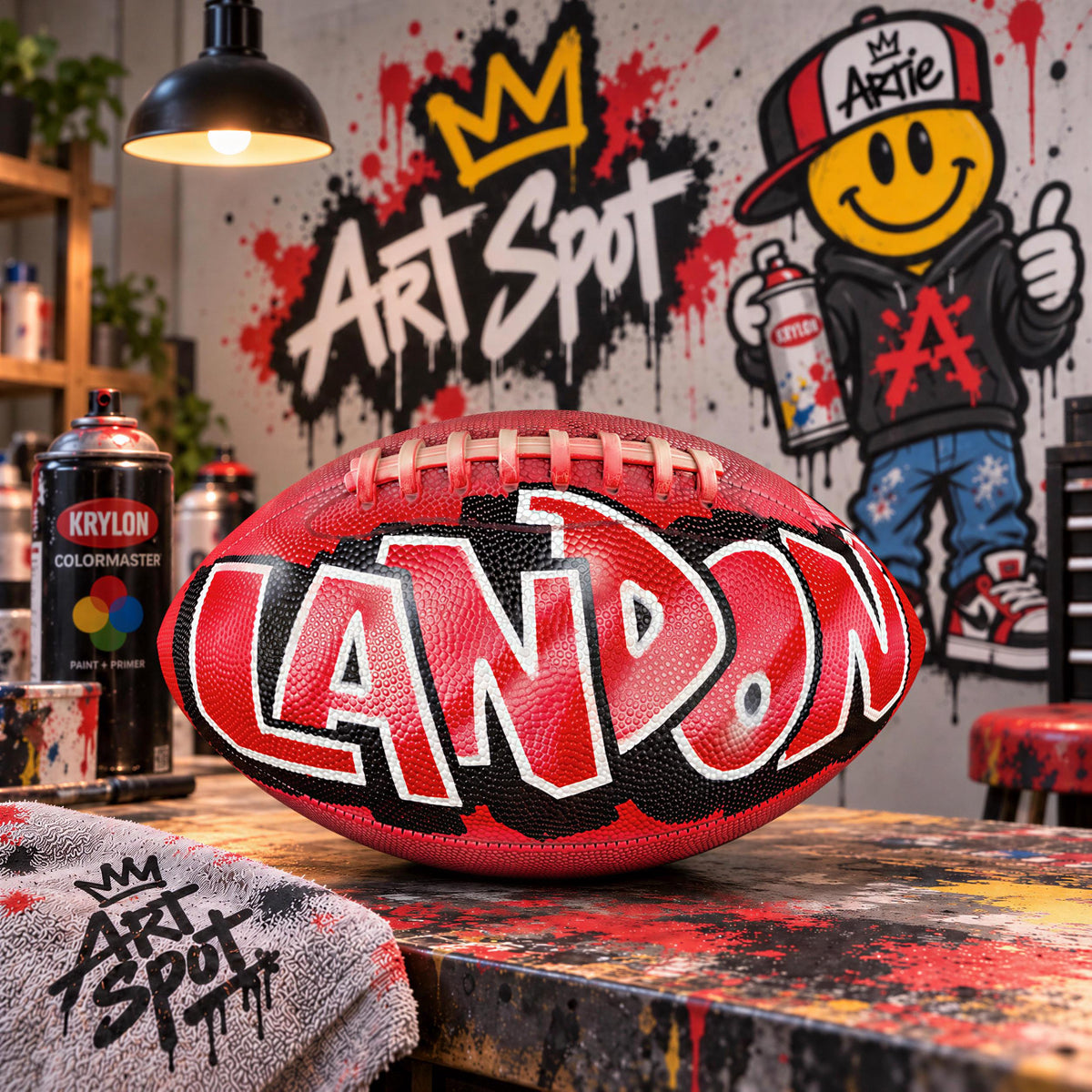a red and black football with the word "LANDON" painted on it, placed on a table with a towel that says "ART SPOT". In the background, there is a graffiti-style wall with a smiling cartoon character and the word "ART" written on it.