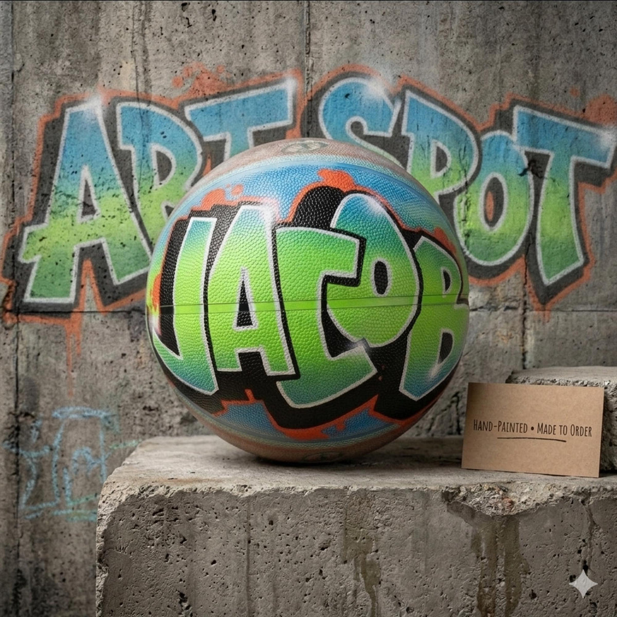 A hand-painted basketball with the name "LACOB" in graffiti-style lettering, displayed on a concrete ledge against a graffiti-covered wall.