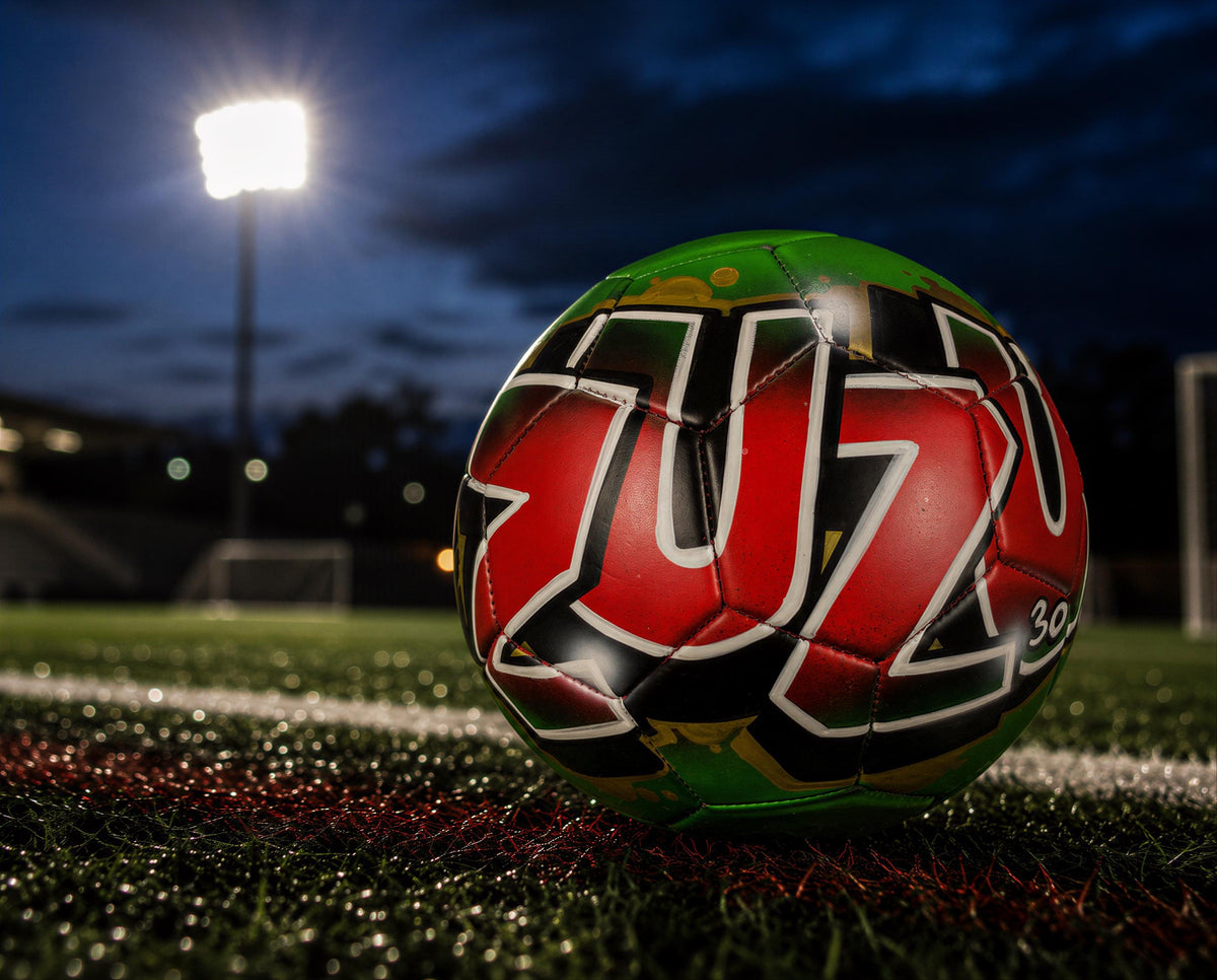 A soccer ball with the number "30" on it, resting on a grassy field at night.