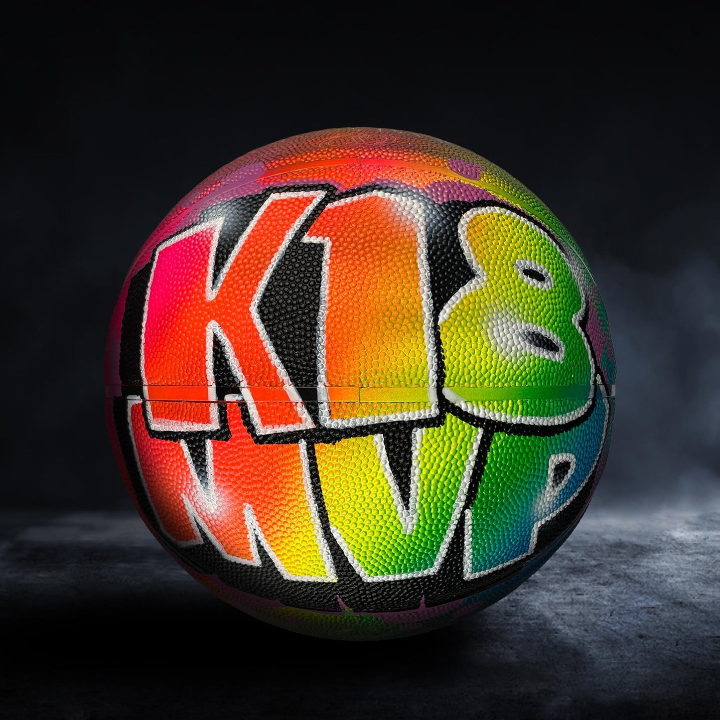 A colorful basketball with the text "K18" painted on it.