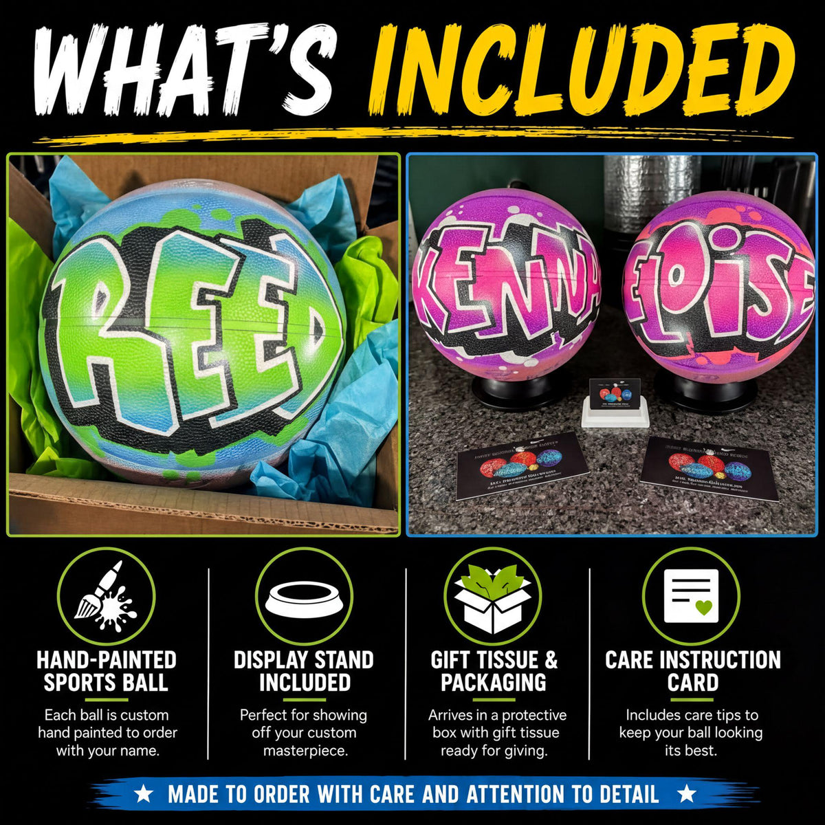 The image is a collage of two photos. The first photo shows a sports ball with the word "Reed" painted on it, and the second photo shows two sports balls with the names "Kenya" and "Eloise" painted on them. The collage also includes text that describes the items, such as "Hand-painted sports ball", "Display stand included", "Gift tissue & packaging", and "Care instruction card".