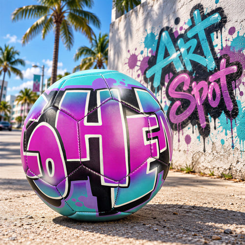 A colorful soccer ball with graffiti-style lettering is displayed in front of a graffiti-covered wall, with palm trees and a clear blue sky in the background.