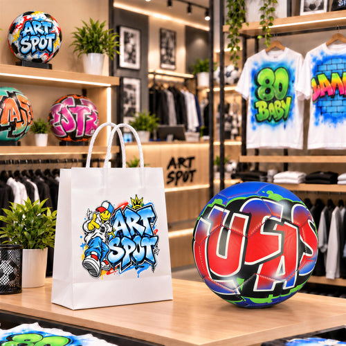 a store display with a white shopping bag and a soccer ball with colorful graffiti designs. The store appears to sell clothing and sports items, as indicated by the clothing racks and shelves in the background.